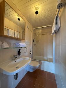a bathroom with a sink and a toilet and a shower at Hotel Askania 1927 in Bad Wiessee +86 photos