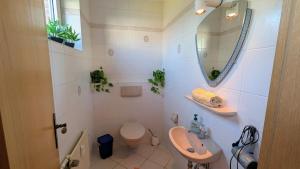a bathroom with a sink and a toilet and a mirror at Harmonie im Grünen-Erdgeschoss-Ferienwohnung mit eigenem Eingang und direktem Gartenzugang in Wathlingen +16 photos
