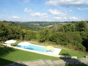 an image of a swimming pool with an umbrella at Spacious holiday home in Sussac with pool in Châteauneuf-la-Forêt