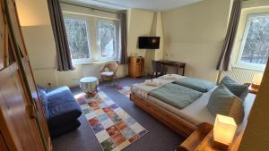 a bedroom with a bed and a chair and a television at Naturhotel Forsthaus in Annaberg-Buchholz