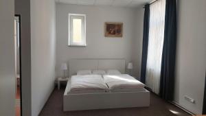 a white bedroom with a bed and a window at Penzion TGM in Příbram