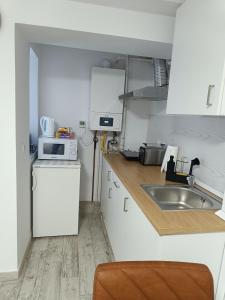 eine kleine Küche mit Spüle und Mikrowelle in der Unterkunft Harmony Studio in Târgu Secuiesc