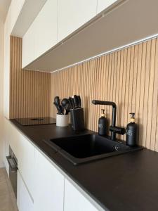 a kitchen counter with a black sink in a kitchen at Starview in Privlaka