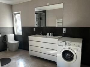 a bathroom with a washing machine and a sink at Hofquartier in ruhiger Lage Eisenach & Hainich in Beuernfeld +46 photos