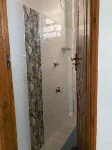 a bathroom with a shower with a glass door at Modern staycation -ruaka in Ruaka