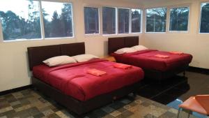 two beds with red covers in a room with windows at Dago Hotel Salon FORA in Bandung