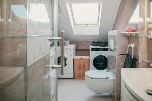 a bathroom with a toilet and a washer and dryer at Deniro Apartment in Požega +14 photos