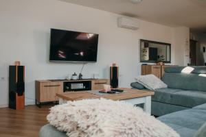 a living room with a couch and a flat screen tv at Deniro Apartment in Požega