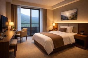 a hotel room with a bed and a desk and a window at Travellers Story Baga GOA in Baga