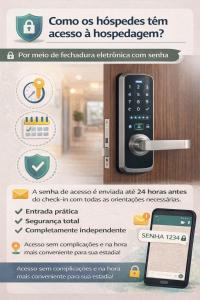 ein Flyer für ein Hotelzimmer mit einer Tür mit einem Handy in der Unterkunft Master Home Digital QUARTOS COMPARTILHADOS in Barueri