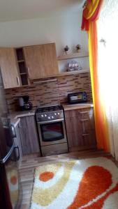 a small kitchen with a stove and a rug at Apartman Pod Vysokymi Tatrami in Nová Lesná