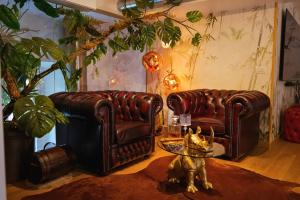 a cat sitting in a room with two couches and a table at Haven Loft Como - Private Spa, Parking & Jacuzzi in Como