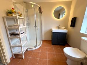 a bathroom with a shower and a toilet and a sink at Hidden Hills Waterville - Private Farmhouse in Waterville