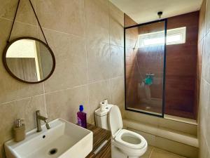 a bathroom with a sink and a toilet and a mirror at Ensuite Room in a shared apartment with pool in Albion +1 photo