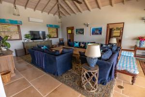 a living room with blue couches and a tv at Tuckers Villa in Cobbs Cross