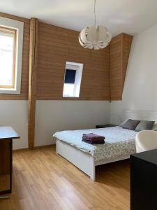 a bedroom with a bed and a chandelier at City centre with lake view in Neuchâtel