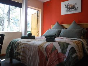a bedroom with a bed with a red wall at Birdsong Cottage in Howick