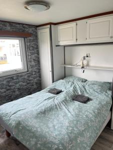 a bedroom with a bed with blue sheets and a window at Chalet Inn Ameland inclusief Fietsen, Zee en Strand op loopafstand! in Buren