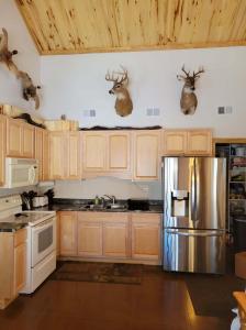 a kitchen with wooden cabinets with deer heads on the wall at BearAss Lodge in Hayward