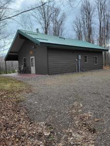 a small building with a green roof on a lot at BearAss Lodge in Hayward