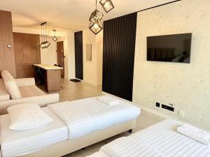 a living room with two beds and a tv at Drahan Apartment 38 in Radom