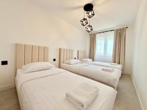 two beds in a room with white walls and a window at Drahan Apartment 38 in Radom