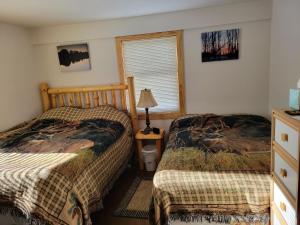 a bedroom with two beds and a lamp and a window at BearAss Lodge in Hayward