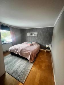 a bedroom with a bed and a rug at Charmigt hus uthyres in Holsljunga