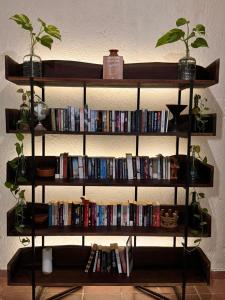 a book shelf filled with books and dvds at Hotel Casa Colibri in Playa del Carmen