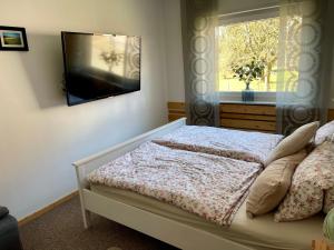 a bedroom with a bed and a television on the wall at Ferienwohnung Zum Preußensteig I max 3 Gäste in Pfeffelbach