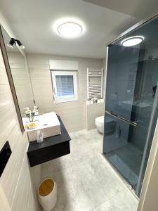 a bathroom with a sink and a shower and a toilet at Apartments Rosenstraße in Soltau +22 photos