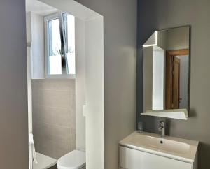 a bathroom with a sink and a toilet and a mirror at La Citadine in Neufchâteau +19 photos
