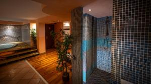 a bathroom with a tub and a shower with blue tiles at Hotel Residence Valverde in Gressoney-la-Trinité +137 photos