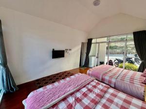 two beds in a room with a window at Glamping Calla in Banjarnegara