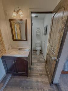a bathroom with a sink and a toilet and a mirror at Salish Queen Mokee Shared Kitchen Pets OK! #1 in Bluff +28 photos