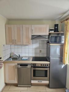 a kitchen with a stainless steel stove and a sink at Haus am Waldesrand in Wustrow +4 photos
