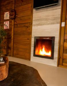 a fireplace in a living room with a fire at Chales Vidal in Venda Nova do Imigrante