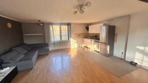 an empty living room with a couch and a refrigerator at Wooden Bridge Residence in Karlovy Vary