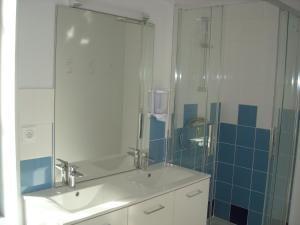a bathroom with a sink and a shower with a mirror at L 'Escale Morvandelle in Saint-Brisson