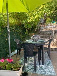 a table and chairs with an umbrella on a patio at Gîte le Taurion in Saint-Priest-Taurion