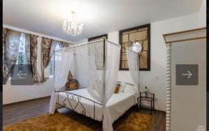 a bedroom with a canopy bed and a chandelier at O Cantinho da Cotovia in Valpaços +18 photos
