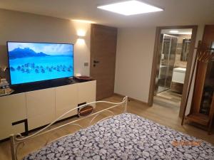 a living room with a large screen tv on a cabinet at Chambre Privée avec Sauna in Villeneuve-Loubet