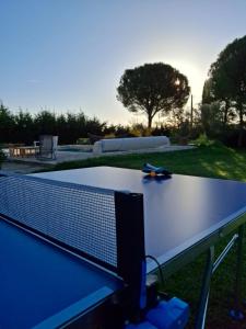 a ping pong table in a yard with at Gîte Les hauts de Lenaly in Les Vans
