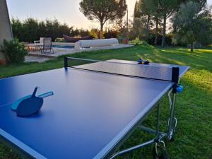 a ping pong table with an apple on it at Gîte Les hauts de Lenaly in Les Vans