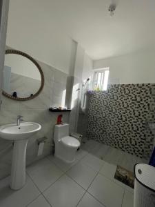 a bathroom with a sink and a toilet and a mirror at Simon Vip Complete Villa in Punta Cana +16 photos