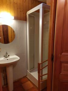 a bathroom with a sink and a shower at La Sauvagine in Les Fourgs