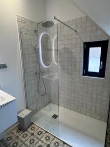 a shower with a glass door in a bathroom at Maison Popeline in Les Andelys