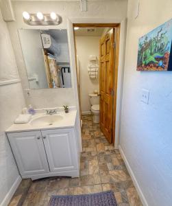 a bathroom with a sink and a mirror and a toilet at King Five Mokee Motel Pets OK Shared Kitchen in Bluff +30 photos