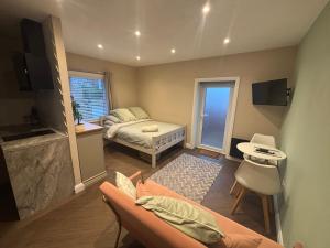 a living room with a couch and a bed at 1 double bed studio with private access and parking in Plymouth