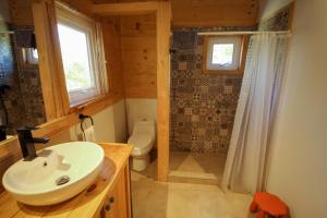 a bathroom with a sink and a toilet in a room at Piedra Nevada in Malalcahuello +61 photos
